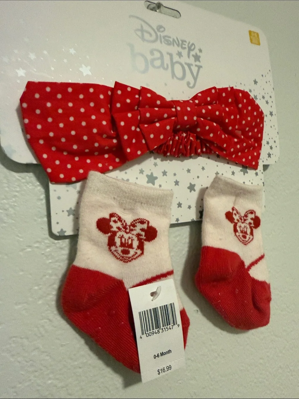 Disney Baby Red & White Minnie Polka Bow Headband with Matching Socks